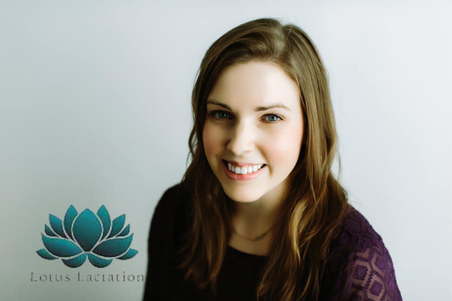 photo of megan maltby portland lactation consultant white woman with long brown hair smiling grey background on the bottom left is a green-blue graphic of a lotus flower with the words lotus lactation belwo
